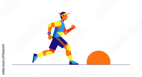 Energetic Runner Silhouetted Against Black Backdrop with Geometric Sunrise