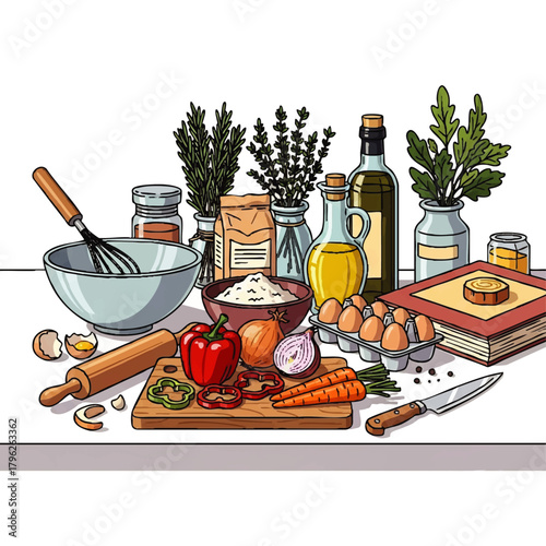 Flat lay illustration of kitchen ingredients and cooking utensils on a countertop with a recipe book.
