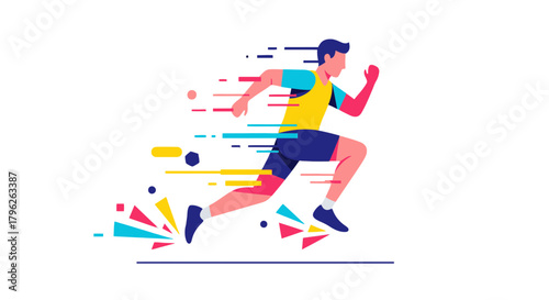 Energetic Runner Sprinting Across The Dark Background, Motion Effect Style Illustration