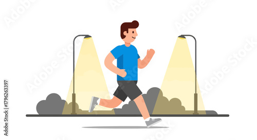 Evening Jogger Running Under Streetlights Illustration In A Nighttime Metropolitan Environment