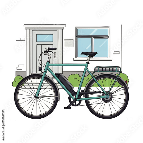 Teal bicycle parked outside a house with a green bush and window