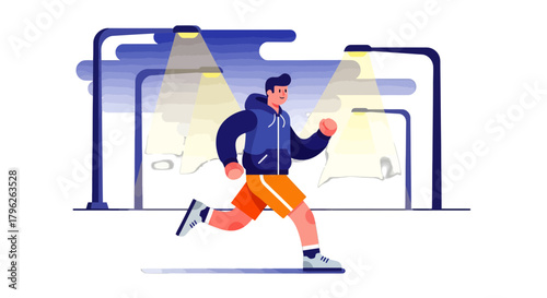 Evening Run: Animated Illustration Depicting An Individual Jogging Under Street Lamps