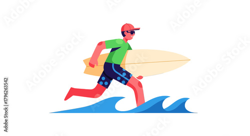 Energetic Surfer Races Towards The Ocean Waves With His Surfboard For Fun Activity