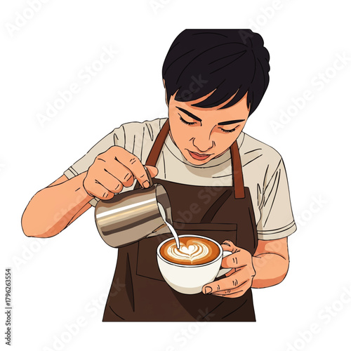 Illustration of a barista pouring steamed milk into a cup of coffee