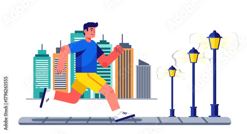Evening Run: Animated Illustration of a Man Jogging Through a City at Night