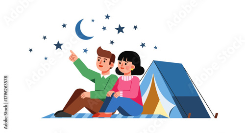 Evening Stargazing Couple Near A Tent Enjoying The Shining Moon and The Stars