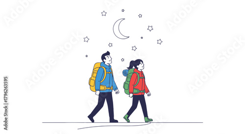 Evening Trek: Animated Illustration of Travelers Exploring Under the Stellar Night Sky