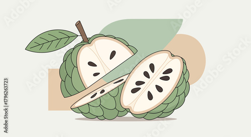 Exotic Fruit Illustration: A Stylish Depiction of Sliced Custard Apple with Geometric Elements