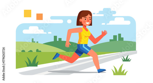 Energetic Woman Jogging on Paved Path Demonstrating Active Lifestyle in Cartoon Illustration