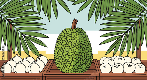 Exotic Fruit Market Scene With Vibrant Jackfruit and Tropical Leaves