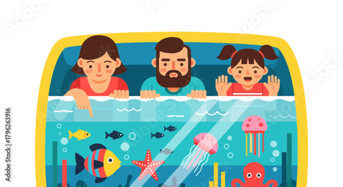 Family Admiring Aquatic Life: A Vivid Illustration of Aquarium Animals and Joy