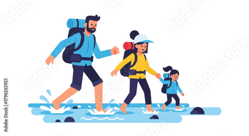 Family Adventure Crosses Stream: Hiking, Outdoor Exploration, Togetherness, and Fun