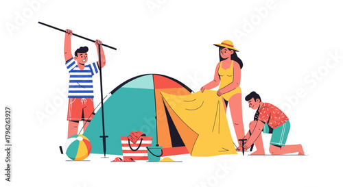 Family Assembles Tent At Beach Creating A Joyous Experience for a Summer Vacation