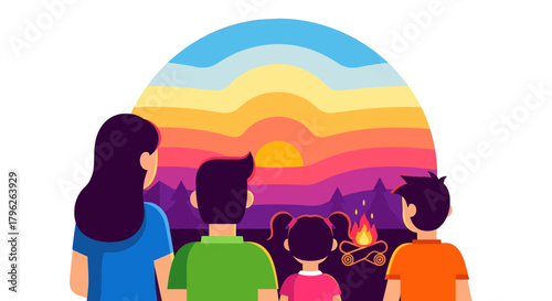Family Admiring Stunning Sunset And Campfire, Creating Magical Moment in Nature