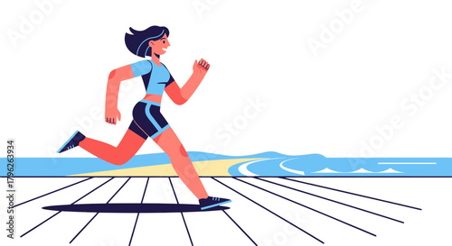 Energetic Woman Sprinting Forward on a Seaside Path for Health and Fitness Goals
