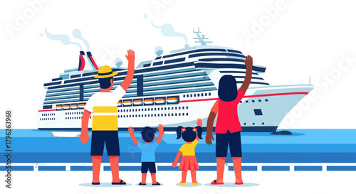 Family Bidding Farewell to Departing Cruise Ship, Vector Illustration, Departure