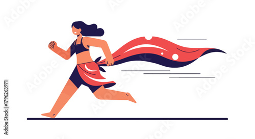 Energetic Woman With Flowing Fabric Running Against Dark Background Illustration