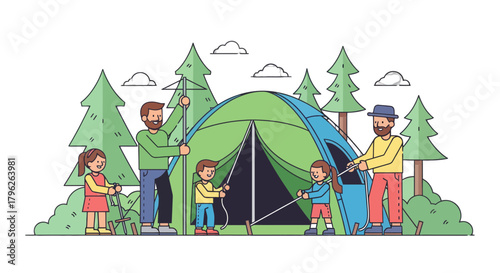 Family Assembles Tent In Forest, Camping Trip Preparation, Illustrated Vector Design