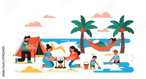 Family Camping Adventure by the Sea Under Palm Trees Sharing Good Times Together