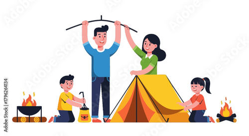 Family Camping Adventure Constructing Their Tent on a Dark Background with Fire