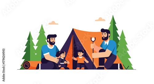 Family Camping Adventure Featuring Parents and Children Enjoying Outdoors Together