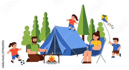 Family Camping Adventure in The Woods with Tent, Campfire, And Playful Activities