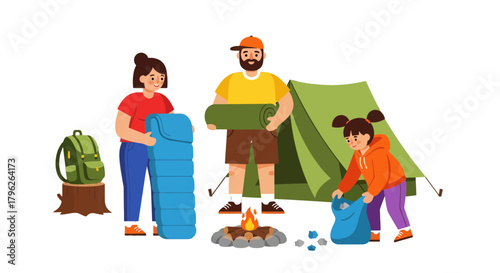 Family Camping Adventure Preparing Outdoors Near Tent And Beautiful Bonfire For Fun