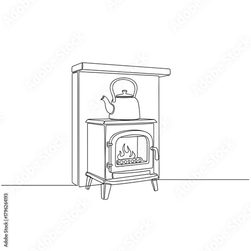 Wood stove with iron kettle symbolizing simple living and winter comfort