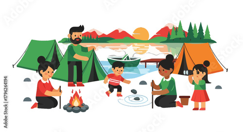 Family Camping Adventure in Nature Amidst Scenic Lakeside Scenery Under Starry Skies at Dusk