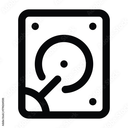 Black hard disk illustration showing platter and needle. Ideal for data storage visuals, server themes, and tech infographics.