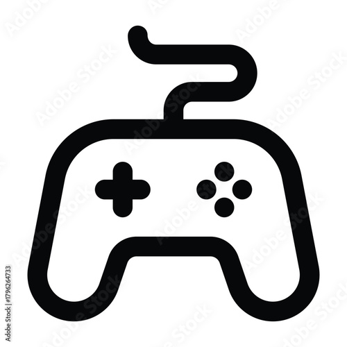 Black linear game controller illustration showing buttons and grips. Suitable for gaming apps, digital entertainment content, and UI design themes.