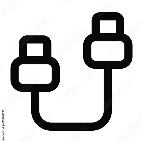 Minimal black USB cable illustration featuring two plugs. Ideal for digital connectivity, device setup, and technology-themed designs.