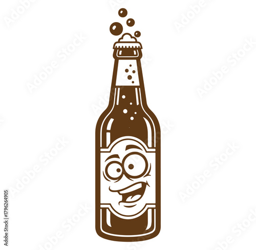 Animated beer bottle character with bubbles smiling isolated on a white background