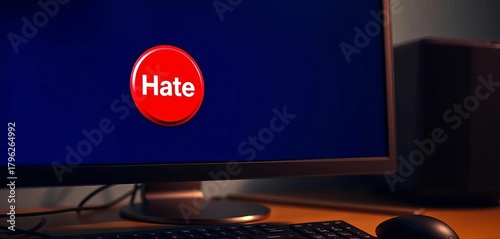 A computer screen displays a single red button labeled 