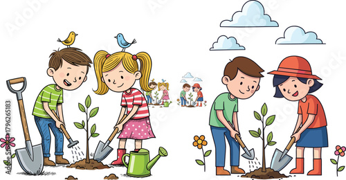 Children planting trees together in cartoon style, promoting teamwork, environmental care, nature learning, and outdoor educational activity for kids.