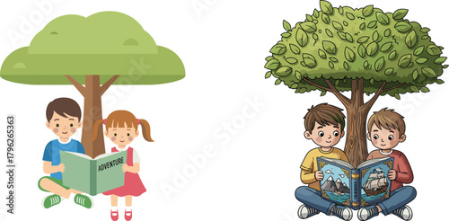 Children reading adventure and nature books under trees, outdoor learning, imagination, cartoon vector illustration with expressive poses and storytelling themes.