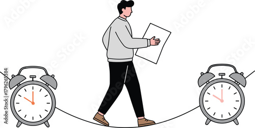 Man walking on tightrope between clocks symbolizing time management, deadline pressure, balance, productivity challenge, business concept illustration design