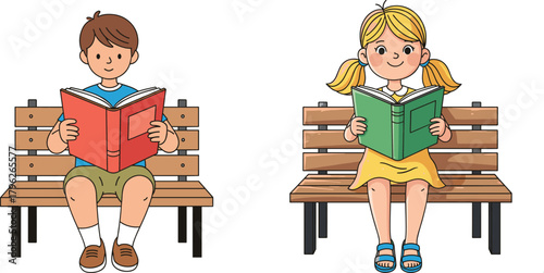 Children Reading Books on Benches – Peaceful Learning Moment with Boy and Girl Focused on Education, Literacy, Study, and Knowledge