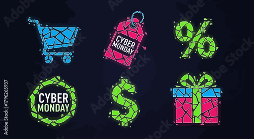 Neon Fragment Icons Set Cyber Monday Vector