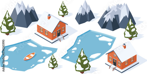 Isometric winter cabin landscape illustration, snowy mountains, frozen lakes and pine trees, cozy holiday village scenery perfect for seasonal design, travel and winter projects