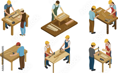 Isometric woodworking carpentry workers illustration set, craftsmen using tools at workshop tables, detailed construction labor scenes for educational, industrial, and design projects