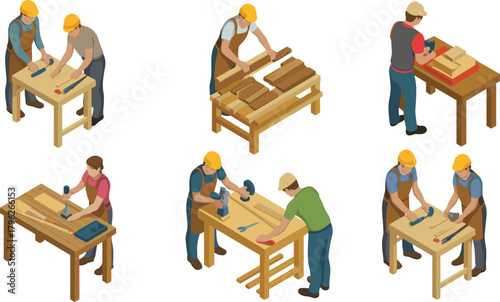 Isometric woodworking carpentry workers illustration set, craftsmen using tools at workshop tables, detailed construction labor scenes for educational, industrial, and design projects