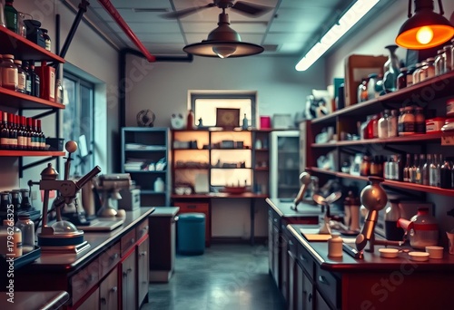Wallpaper Mural Blurred vintage pharmacy lab, old equipment, faded colors, mysterious atmosphere,  abstract, pharmacy Torontodigital.ca