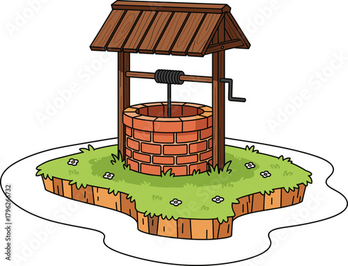 Traditional brick water well with wooden roof, crank handle, rope, flowers, and grassy platform for countryside, rural, and garden vector content.