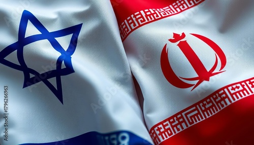 Close-up detail of Israeli and Iranian flags, juxtaposed,  religious,   political