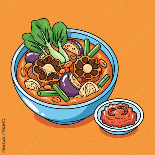 A vibrant illustration of a traditional Filipino Kare-Kare stew with oxtail, vegetables, and a side of shrimp paste.