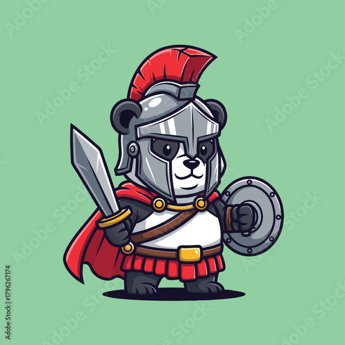 A cute cartoon panda bear dressed as a brave Spartan warrior with a helmet, cape, sword, and shield.