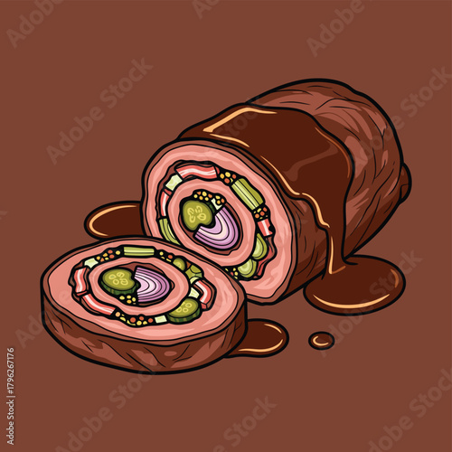 A detailed illustration of a sliced beef roulade, filled with vegetables and covered in rich brown gravy.