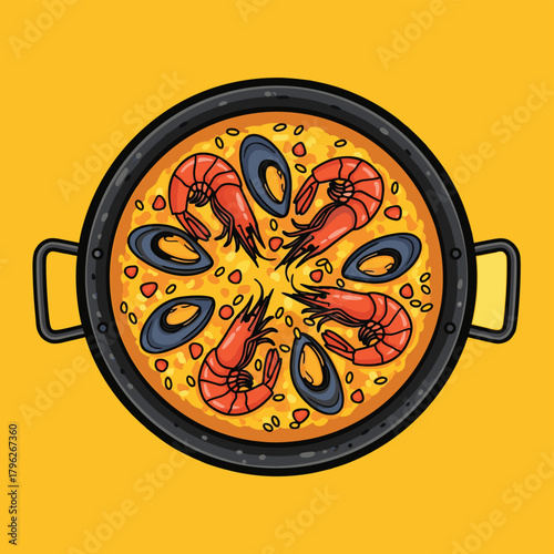 A vibrant cartoon illustration of a traditional Spanish paella with shrimp and mussels in a pan.