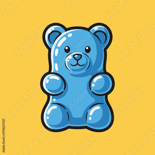 A cute blue gummy bear candy illustration on a solid yellow background.